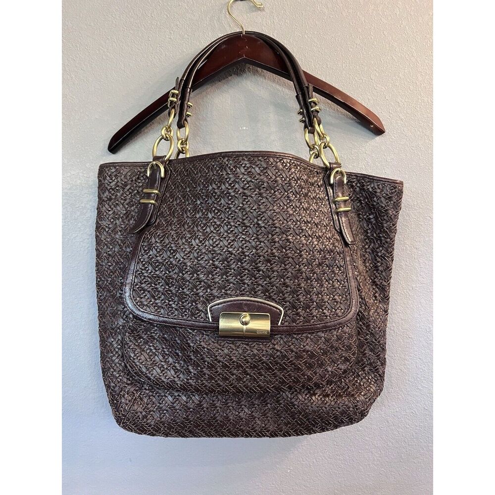COACH EUC KRISTIN PINNACLE WOVEN LEATHER BROWNTOTE PURSE, 19746 MSRP $1200 - Picture 2 of 11